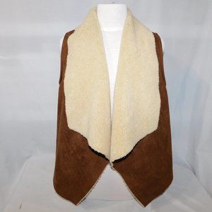 Chaps Petite Womens Medium Faux Brown Suede Shearling Open Vest